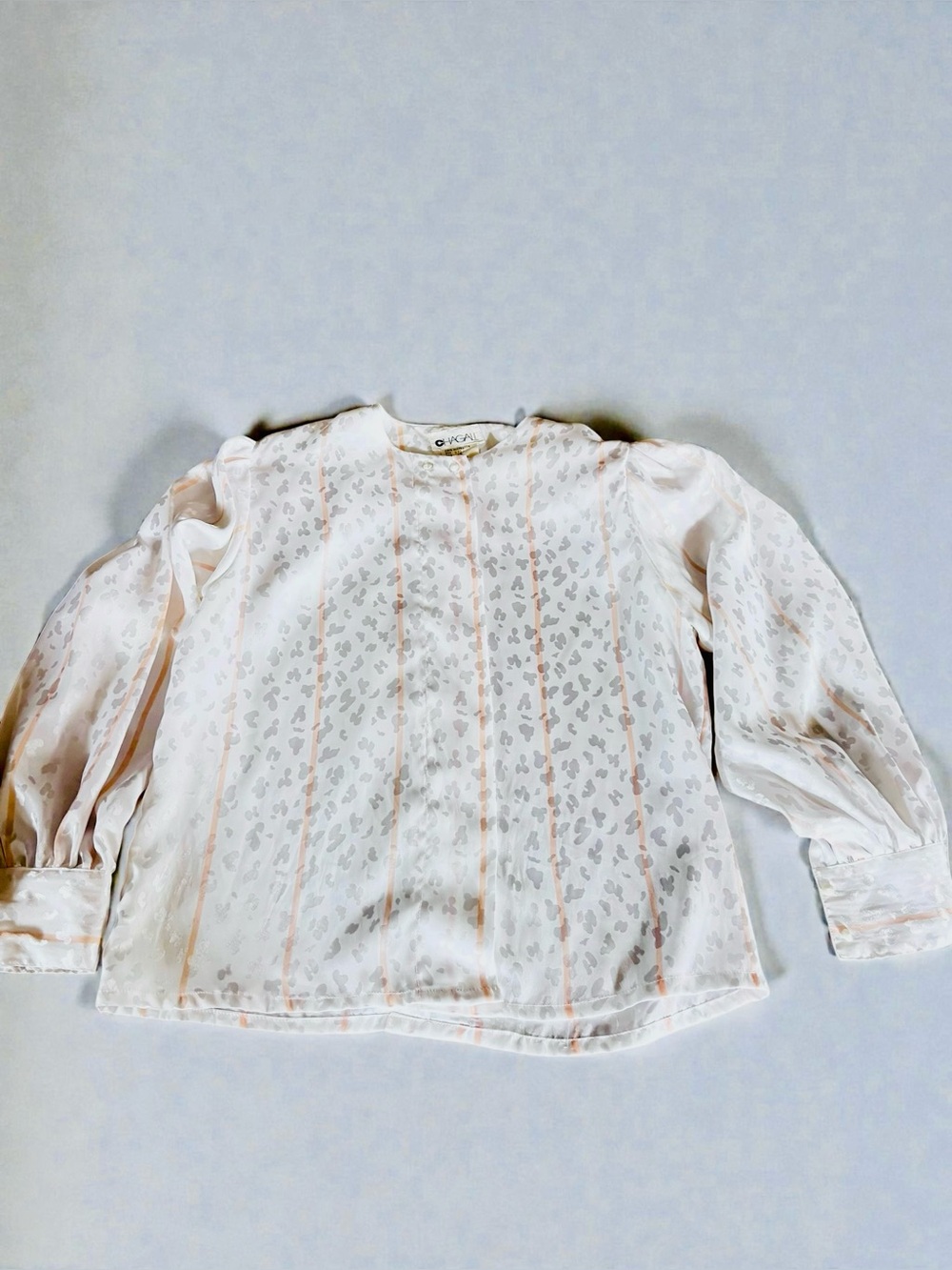 Vintage White Satin Leopard Stripe Blouse Puff Sleeve Top